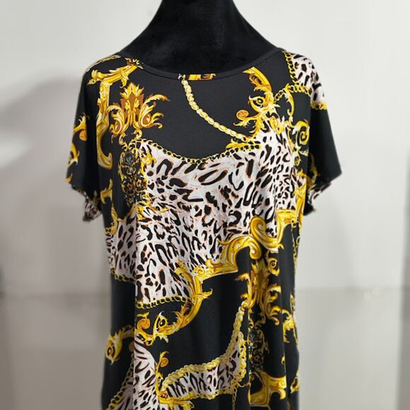 Free Kisses Women's 1 X Stretch Short Sleeve Black and Gold Blouse - Picture 1 of 6